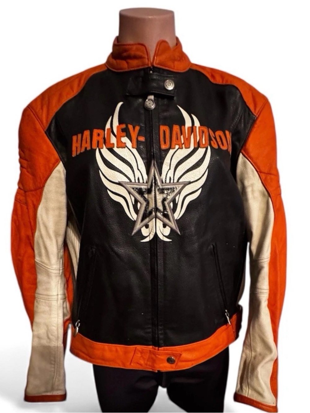 Women’s Harley-Davidson Black, Orange & Cream Winged Star Leather Bomber Jacket